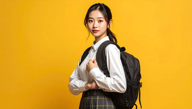 Young woman with a backpack against a yellow background poses