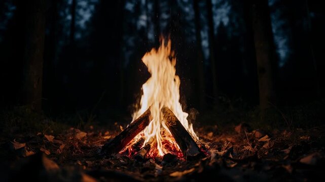 campfire flames flickering in dark night forest