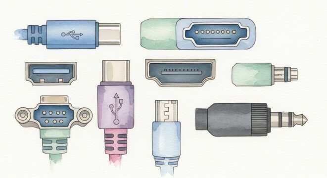 Illustrated collection of computer cable connectors on white background