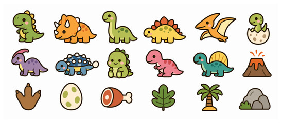 Colorful Cartoon Dinosaurs And Prehistoric Creatures Collection. © oemar.studio