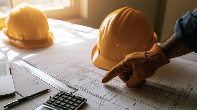 建築設計図を確認する建設技術者の手元と現場管理のイメージ