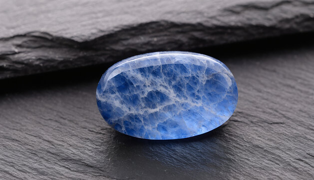 Polished blue kyanite cabochon on black slate surface