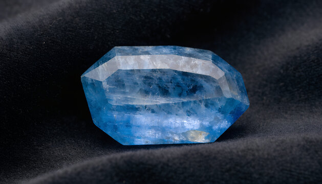 Loose faceted blue kyanite gemstone on dark velvet, cornflower to sapphire blue body color