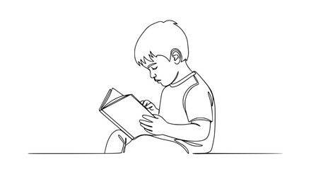 Continuous line drawing of a boy reading a book, isolated on white background.