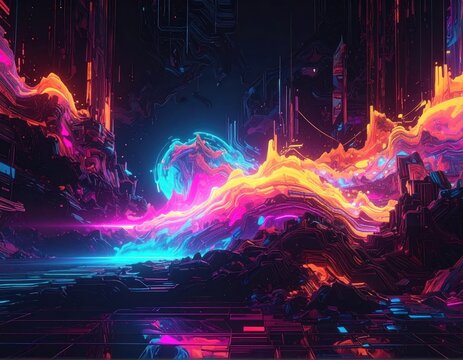 Abstract neon fluid wave with cyberpunk glow effects.