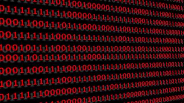Red binary code digital background, streaming data stream animation, cyber security and programming concept