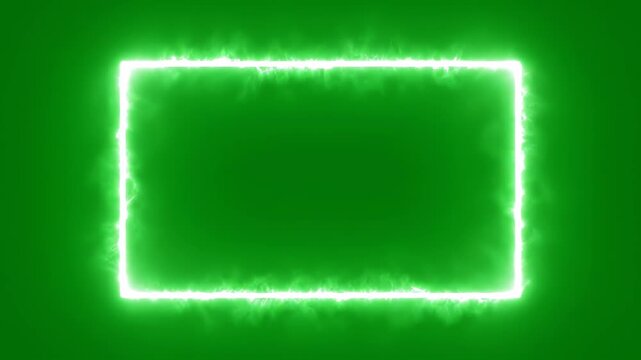 Glowing green neon frame with smoke effect, electric rectangular light border on green background, vibrant energy portal for video overlay
