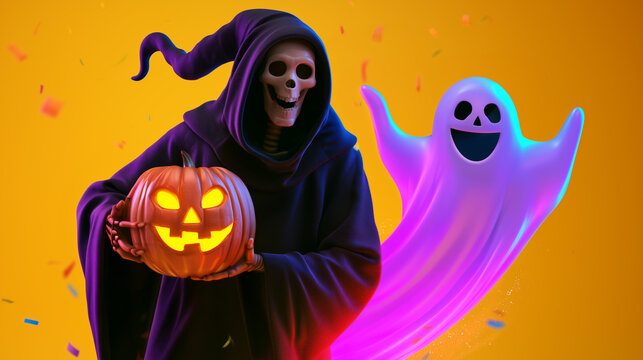 Cute grim reaper skeleton in a dark hood holding a glowing jack o lantern pumpkin beside a smiling cartoon ghost with colorful confetti on a bright yellow background for Halloween celebration. 