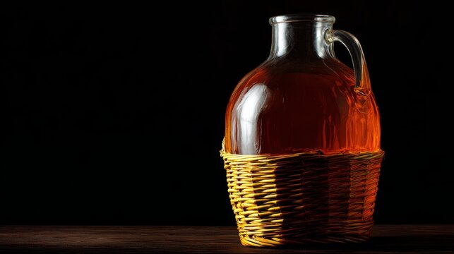 Glass carboy in wicker basket, traditional home beverage vessel.
