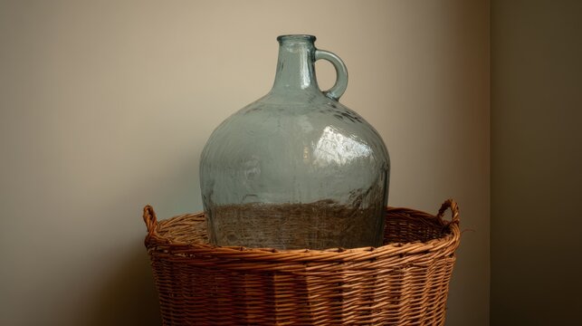Glass carboy in wicker basket, traditional home beverage vessel.
