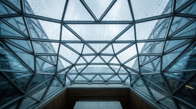 Geometric glass roof with raindrops in modern architectural atrium