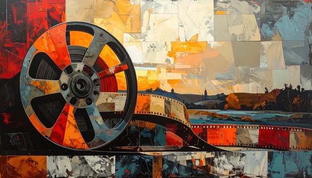Abstract painting of vintage cinema film reel.