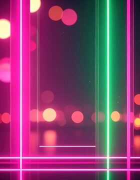 Abstract pink and green neon bars with bokeh lights