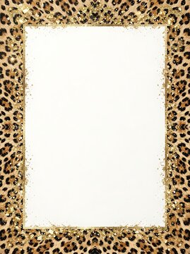 Leopard print pattern background with a gold glitter frame and copy space