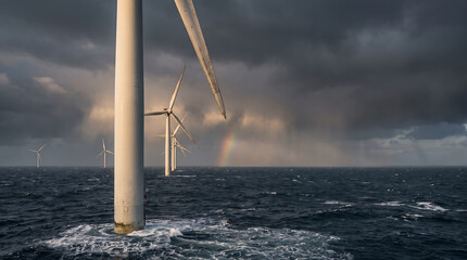 Obraz premium Offshore wind farm turbines standing in the ocean under a dramatic stormy sky with a faint rainbow.