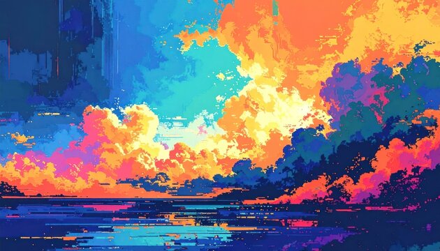 Abstract pixel art sunset over water.