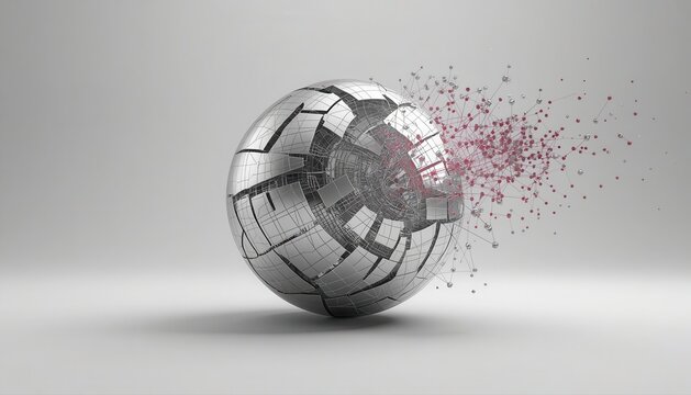 Industrial geometric sphere deconstructing into tiny fragments with industrial geometric deconstructing fragments metallic abstract structure shattered particles explosion technology