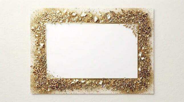 Elegant rectangular frame with gold glitter, leopard print patterns, and intricate floral flourishes, isolated on white background