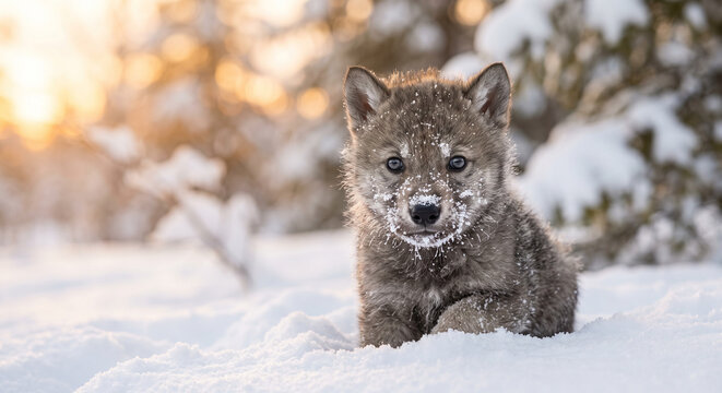 Cute little wolf pup sitting in the snow during sunset
