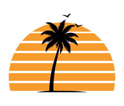 Tropical sunset landscape illustration with two silhouetted palm trees against large orange sun tropical landscape vacation paradise silhouette vector flat illustration