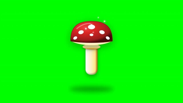 Red fly agaric mushroom bobbing vertically against chroma key green background for game development