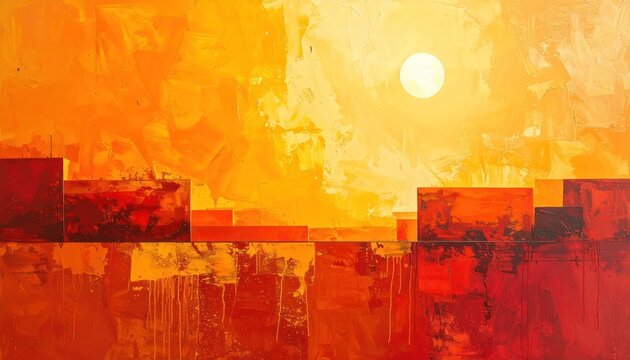 Abstract sunrise painting over a red geometric city.
