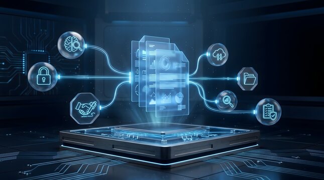 Holographic document with floating icons over a digital microchip. Concept of cloud data security and enterprise information management.