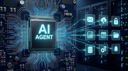 Fototapeta premium Microchip processor with glowing text and holographic application icons. Concept of artificial intelligence automation, server infrastructure, and cloud computing.