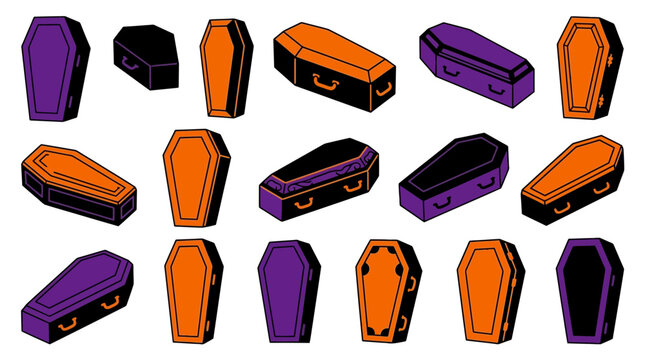 Cute cartoon coffins set, Halloween and horror theme, purple and orange smiling caskets, spooky vector illustrations for design isolated on White Background
