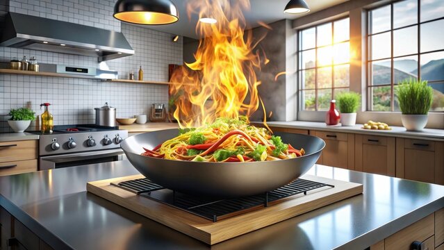Dynamic Cooking Scene with Flames in Modern Kitchen Setup