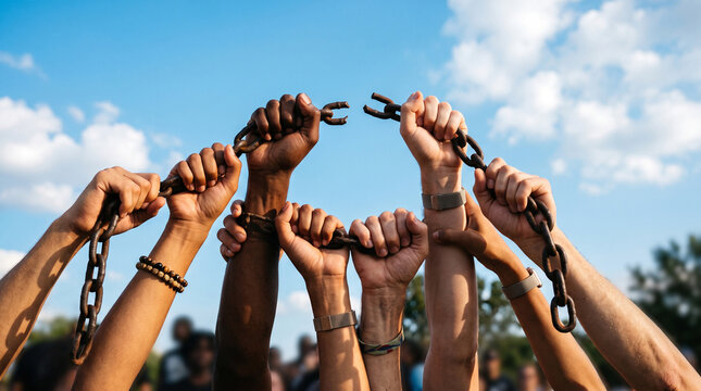 Diverse hands breaking heavy chains symbolizing unity and collective strength against oppression with together against blue social issue blue sky