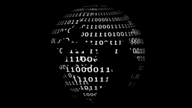 Rotating digital binary globe: abstract data network and global connectivity concept code sphere