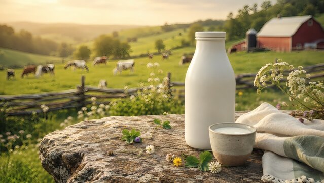 Fresh Farm Milk: A bottle and a cup of fresh milk sit on a stone, overlooking a pastoral landscape with grazing cows and a red barn under a golden sunset.