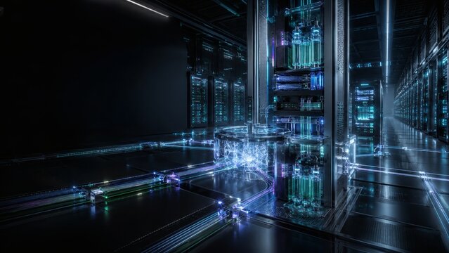 Data Center of the Future: Rows of illuminated server racks hum with power in a futuristic data center, showcasing a network of glowing cables and digital infrastructure.