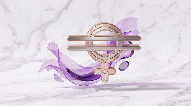 Rose gold non binary gender identity emblem with flowing purple ribbon on white marble background with gender symbol intertwined purple ribbons resting