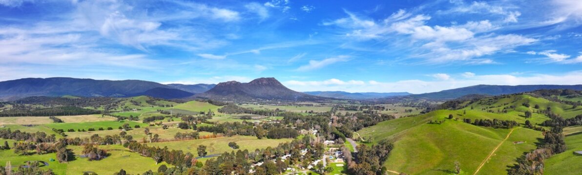 Spectacular aerial Panorama of Taggerty and Cathedral Mountain Victoria Australia