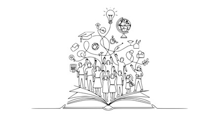 Fototapeta premium Diverse group of people rising from an open book, symbolizing education and knowledge.