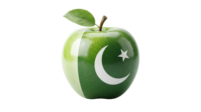 Fresh green apple featuring Pakistan flag with glossy finish and leaf patriotic fruit illustration isolated on white background