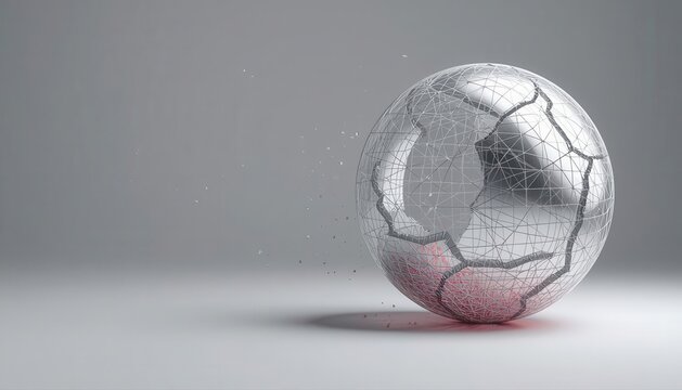 Silver cracked globe sphere disintegrating into fine particles with particles disintegrating abstract destruction breaking explosion fragmented creative background structure geometric