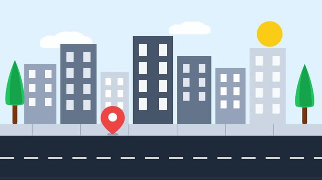 Flat cityscape illustration with road buildings trees and map location pin