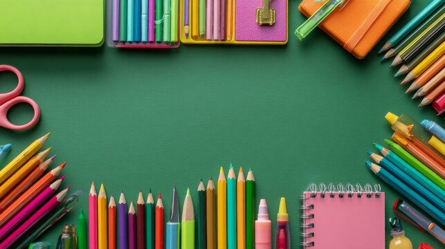 Back to school concept with colorful school stationery supplies on green background, flat lay top view of pencils, pens, notebooks, ruler and classroom essentials with copy space for education and new