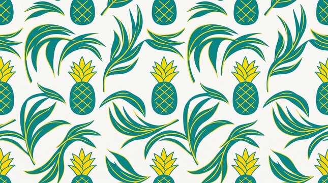 Seamless pattern with minimalist pineapple fruits and tropical palm leaves on white background for summer textile and wallpaper design vector