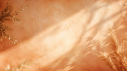 Fototapeta premium Sunlit Autumn Texture: Warm, textured background with diagonal sunbeams casting dappled shadows, adorned with delicate dried plant sprigs.