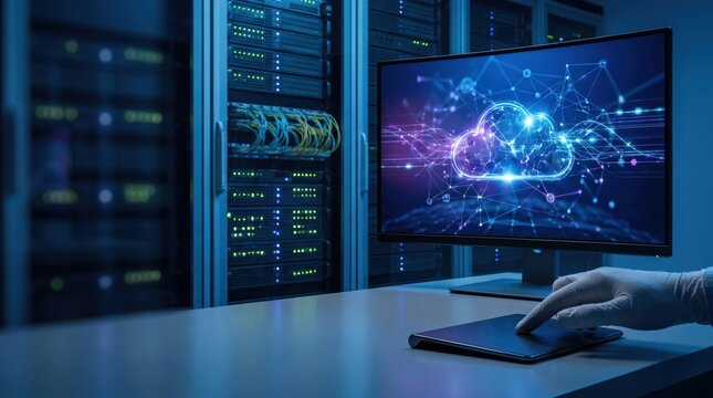 It professional working on a computer monitor displaying cloud computing network infrastructure and digital data storage technology