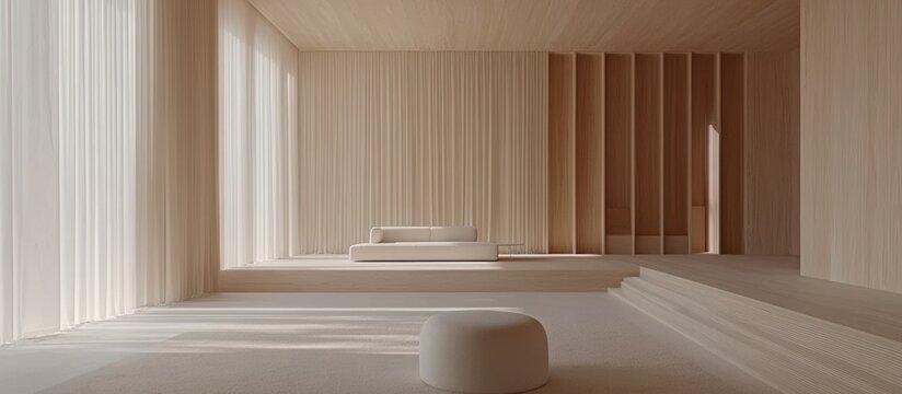 Minimalist wooden room, sunlit, platform seating, zen background