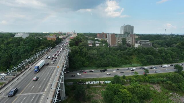 Aerial view of highway bridge in Toronto (Don Valley Parkway)