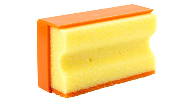 3d icon of yellow sponge with orange plastic holder isolated on transparent background