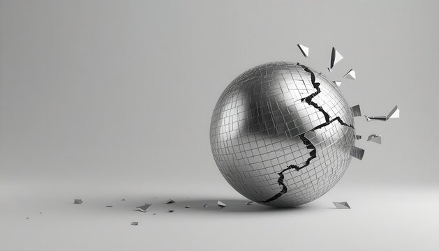 Metallic sphere cracking and breaking apart on a studio background with cracking breaking destruction abstract fragment background material industrial creative structure deformed geometric