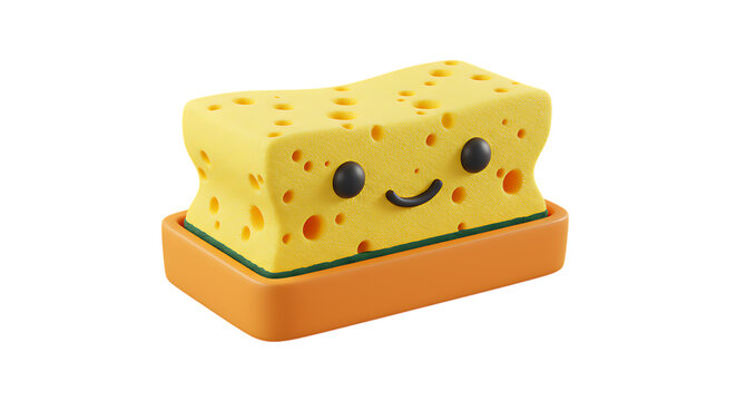 3d icon of cute yellow sponge with smiley face in orange holder isolated on transparent background