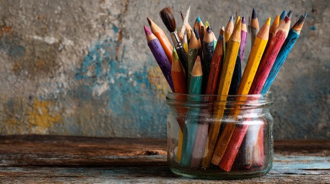 Colorful pencils and paintbrush for drawing on glass surface, back to school education concept with creative art supplies on wooden table and grunge background, classroom learning, preschool activitie